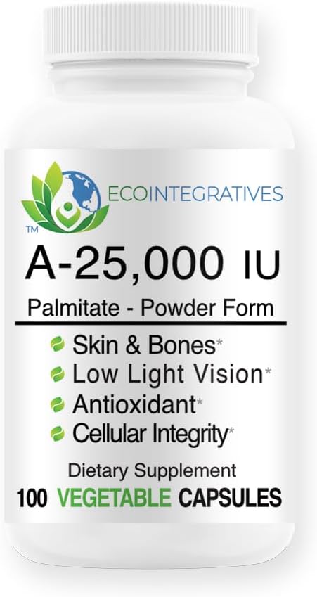 Vegan A-25,000 IU Palmitate Powder Capsules for Vision, Skin, Bones, Immune Support - Non-GMO, Antioxidant Formula
