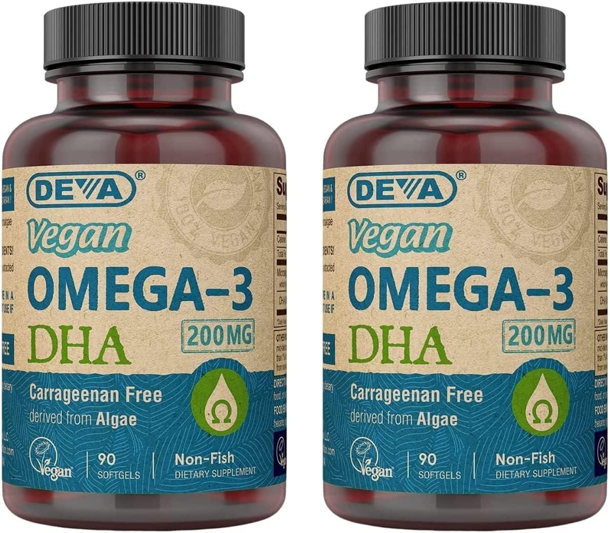 Vegan Algae Oil Omega-3 DHA Supplement Softgels - 200 MG - Carrageenan & Gelatin Free - Non-Fish Source - 90 Softgels (2 Pack)