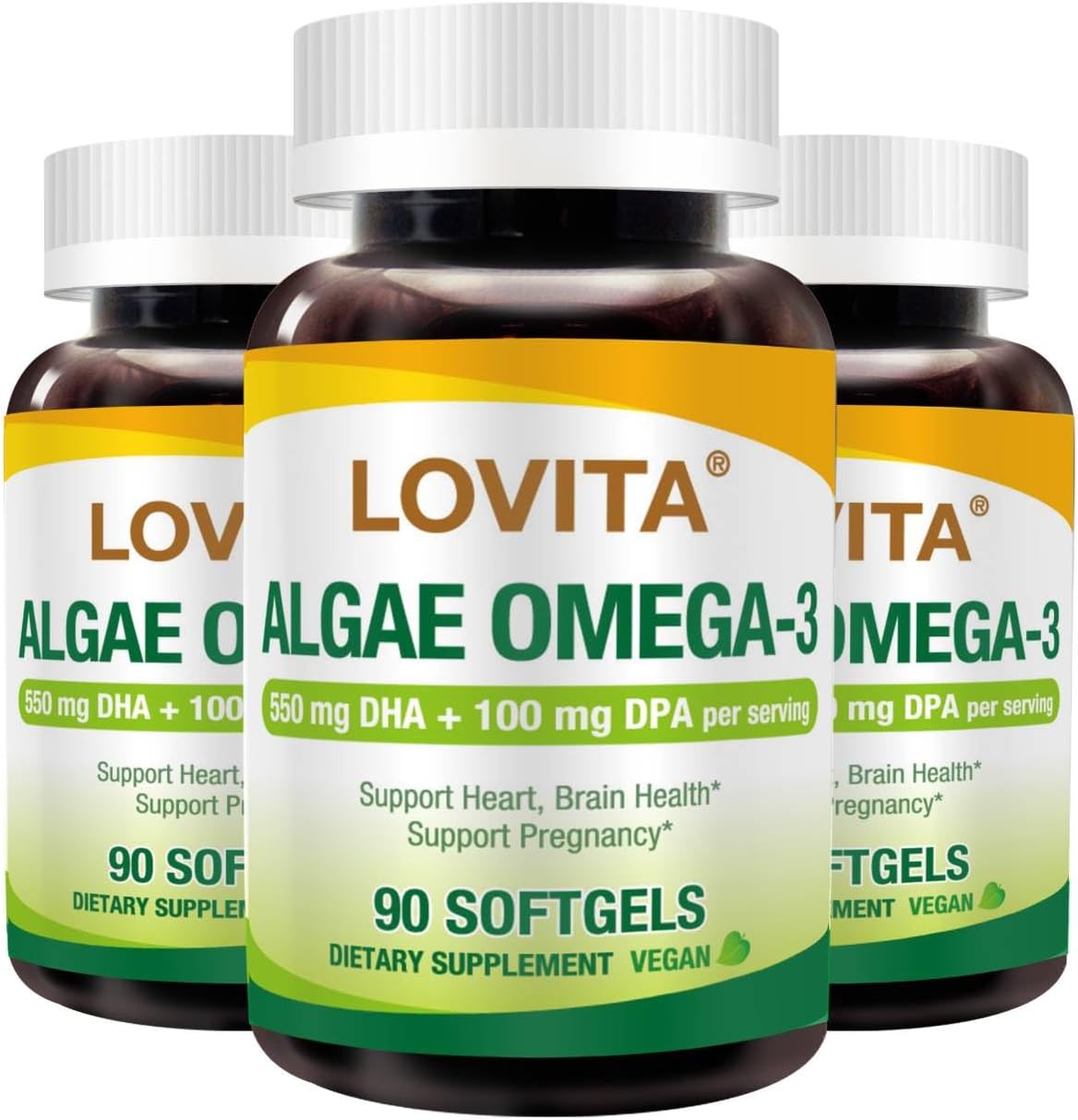 Vegan Algae Omega-3 Softgels, DHA & DPA, Fish Oil Alternative, 1000mg, Heart & Brain Health Support, Carrageen-Free, 270 Softgels