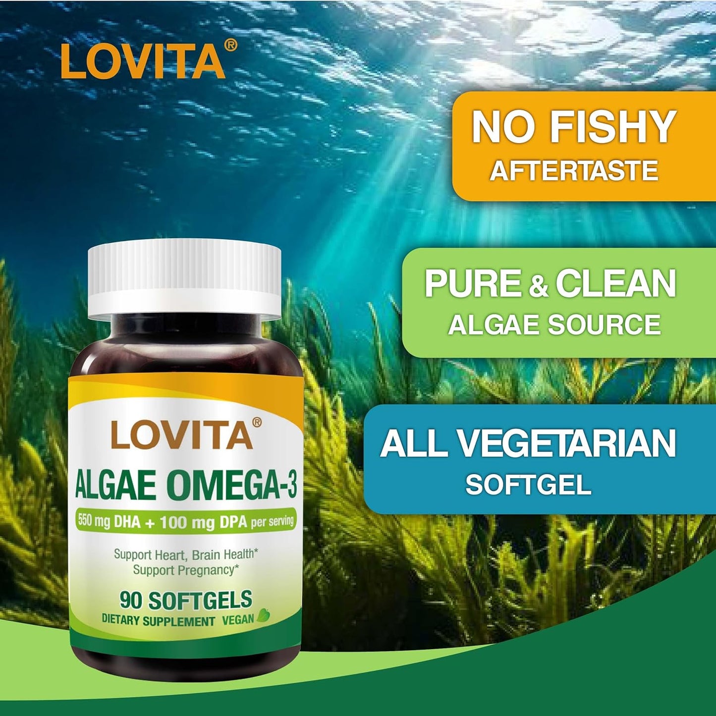 Vegan Algae Omega-3 Softgels, DHA & DPA, Fish Oil Alternative, 1000mg, Heart & Brain Health Support, Carrageen-Free, 270 Softgels