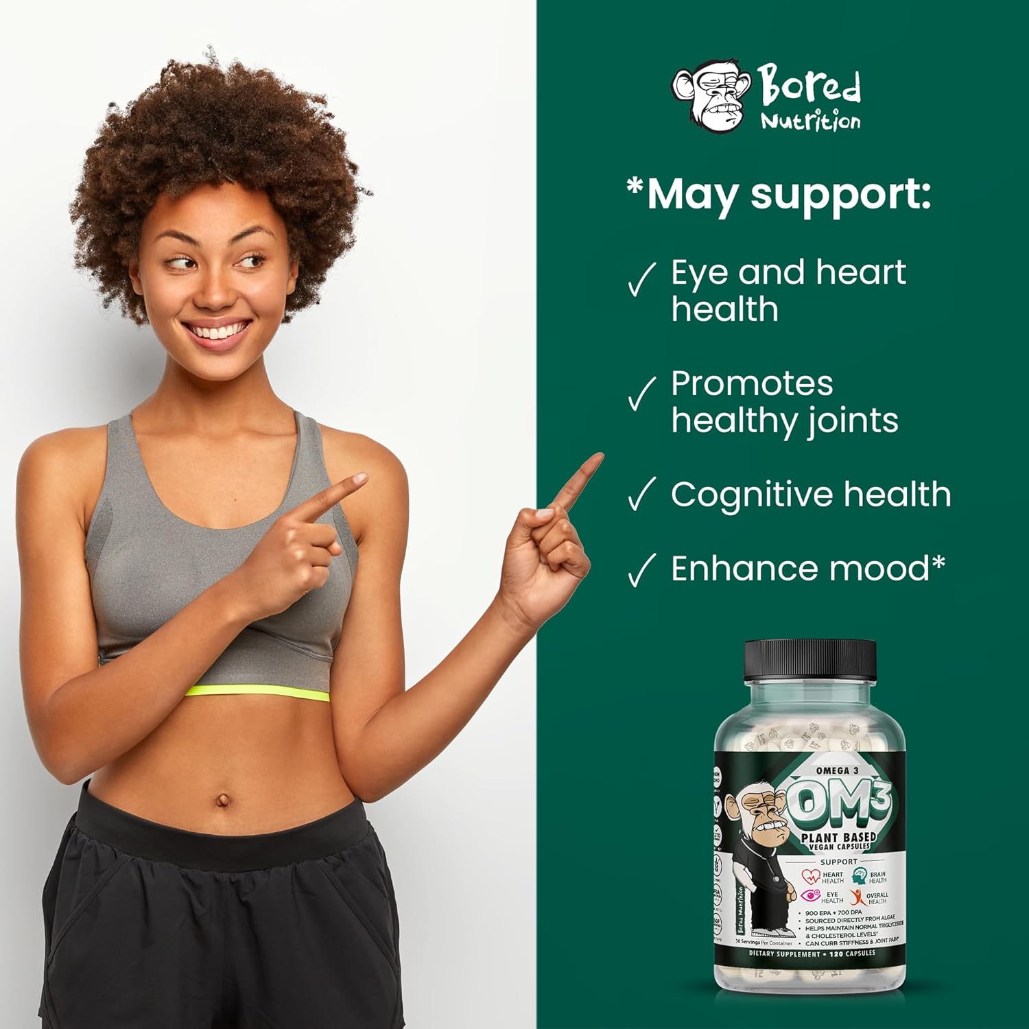 Vegan Algae Omega 3 Supplement - Plant Based DHA & EPA - Heart, Brain, Joint Health - 120 Capsules