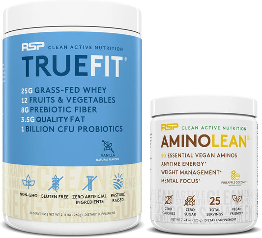 Vegan AminoLean Pre Workout Energy (Pineapple Coconut, 25 Servings) & TrueFit Protein Powder (Vanilla, 2 LB) by RSP Nutrition