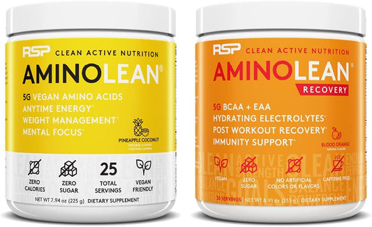 Vegan AminoLean Pre Workout Energy & Post Workout Recovery Bundle (Pineapple Coconut/Blood Orange) - 55 Servings