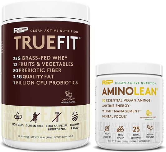 Vegan AminoLean Pre Workout Energy with TrueFit Protein Powder Bundle - Pineapple Coconut & Chocolate Flavor, 25 Servings & 2 LB