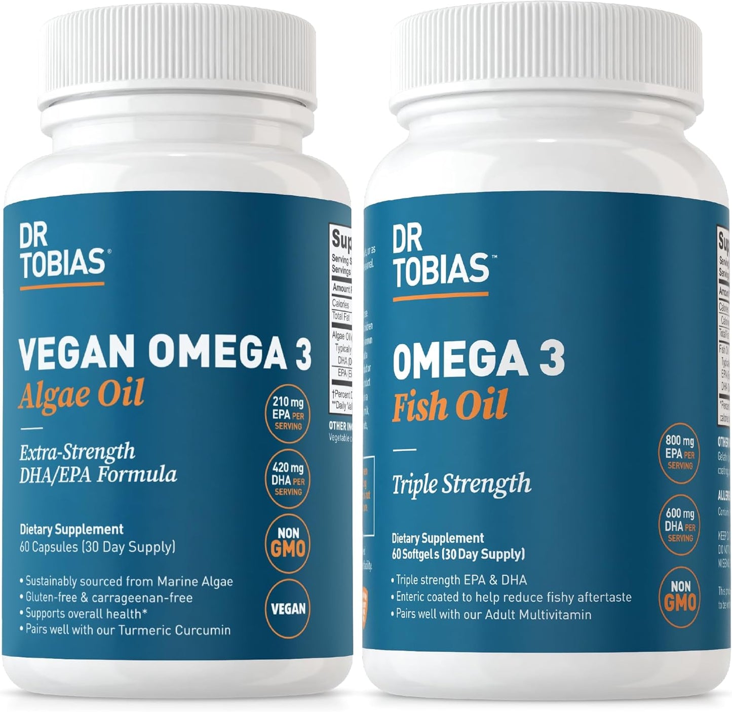 Vegan and Fish Oil Omega 3 Supplements by Dr. Tobias for Comprehensive Fatty Acid Support, Non-GMO