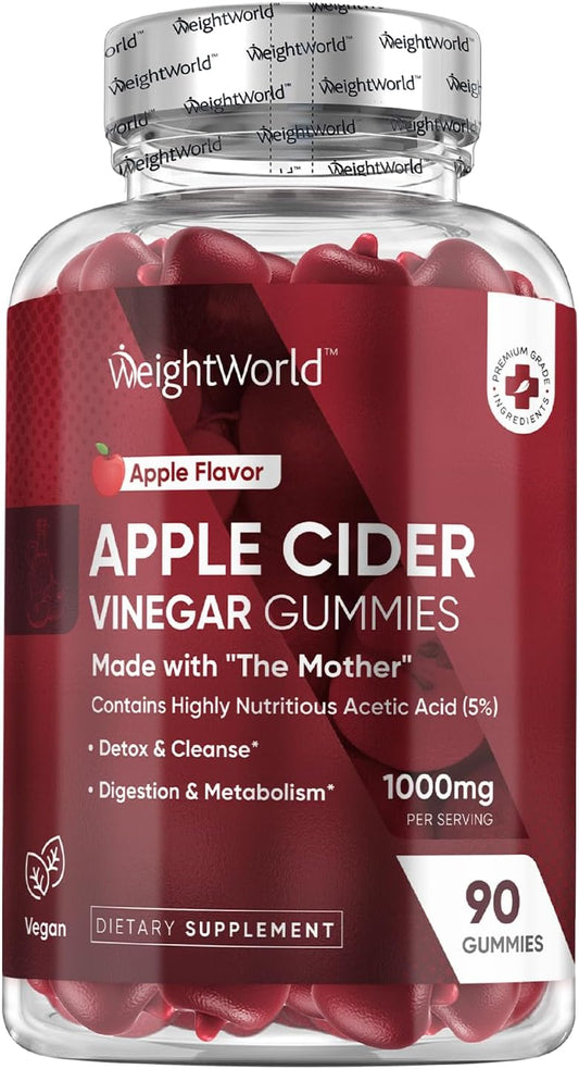 Vegan Apple Cider Vinegar Gummies 1000mg - Enriched with Vitamin C, B6, B12, & B9 - Digestion, Metabolism, Detox - 90 Gummies, Gelatin-Free