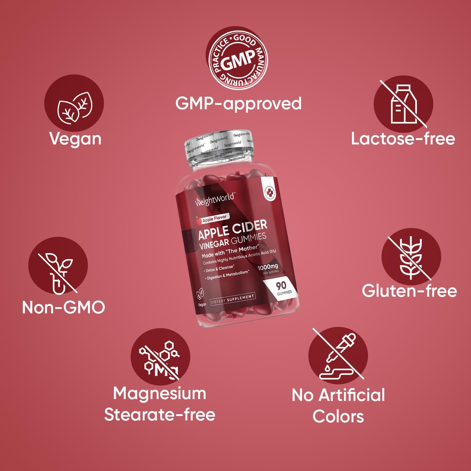 Vegan Apple Cider Vinegar Gummies 1000mg - Enriched with Vitamin C, B6, B12, & B9 - Digestion, Metabolism, Detox - 90 Gummies, Gelatin-Free