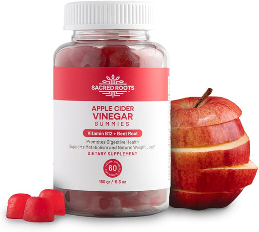 Vegan Apple Cider Vinegar Gummies with Vitamin B12 and Beetroot Powder - Sugar Free, Non-GMO & Gluten-Free - Made in USA - 30 Servings