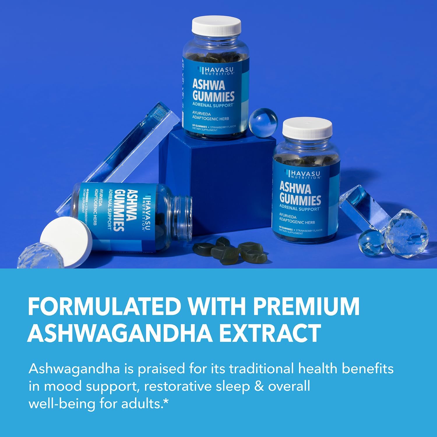 Vegan Ashwagandha Gummies for Stress & Mood Support - Non-GMO Supplement for Calm & Relaxation - 1-Month Supply, Strawberry Flavor