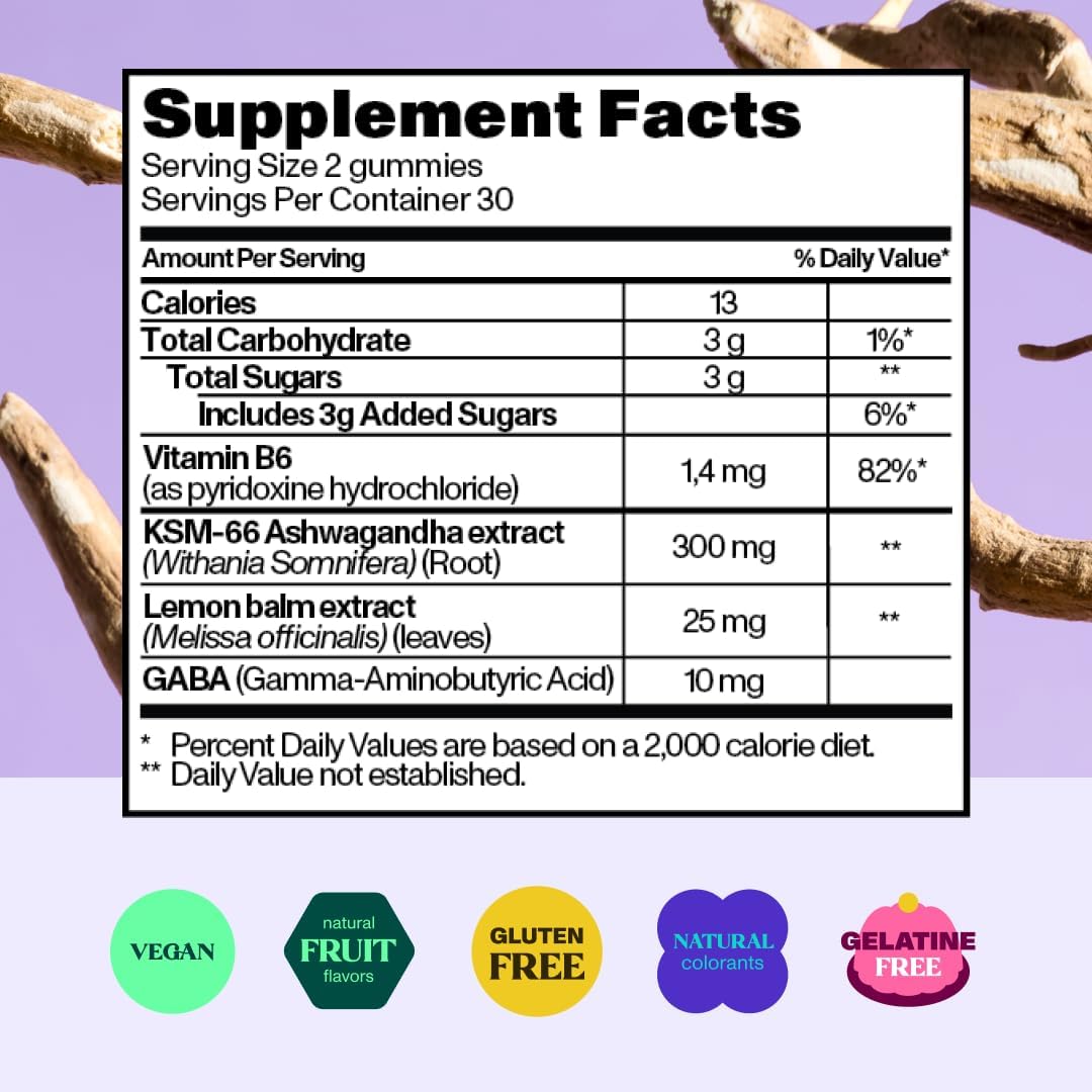 Vegan Ashwagandha Stress Relief Gummies with Lemon Balm Extract - Calm Gummies with KSM-66 - Relaxation Supplement (60 count)