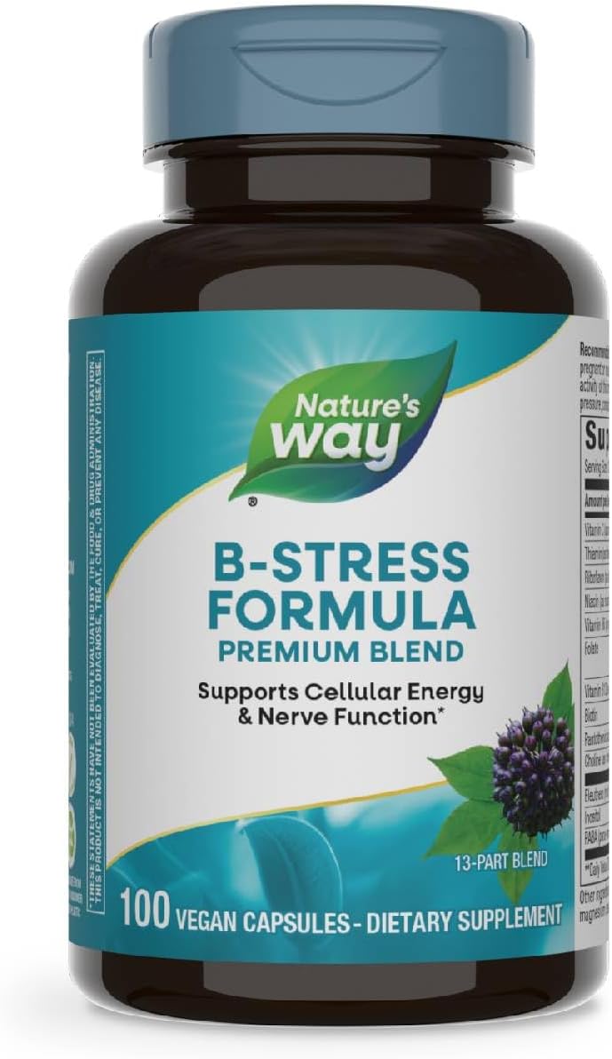 Vegan B-Stress Formula with Vitamins C, B12, B6 - Supports Cellular Energy & Nerve Function - Gluten Free - 100 Capsules