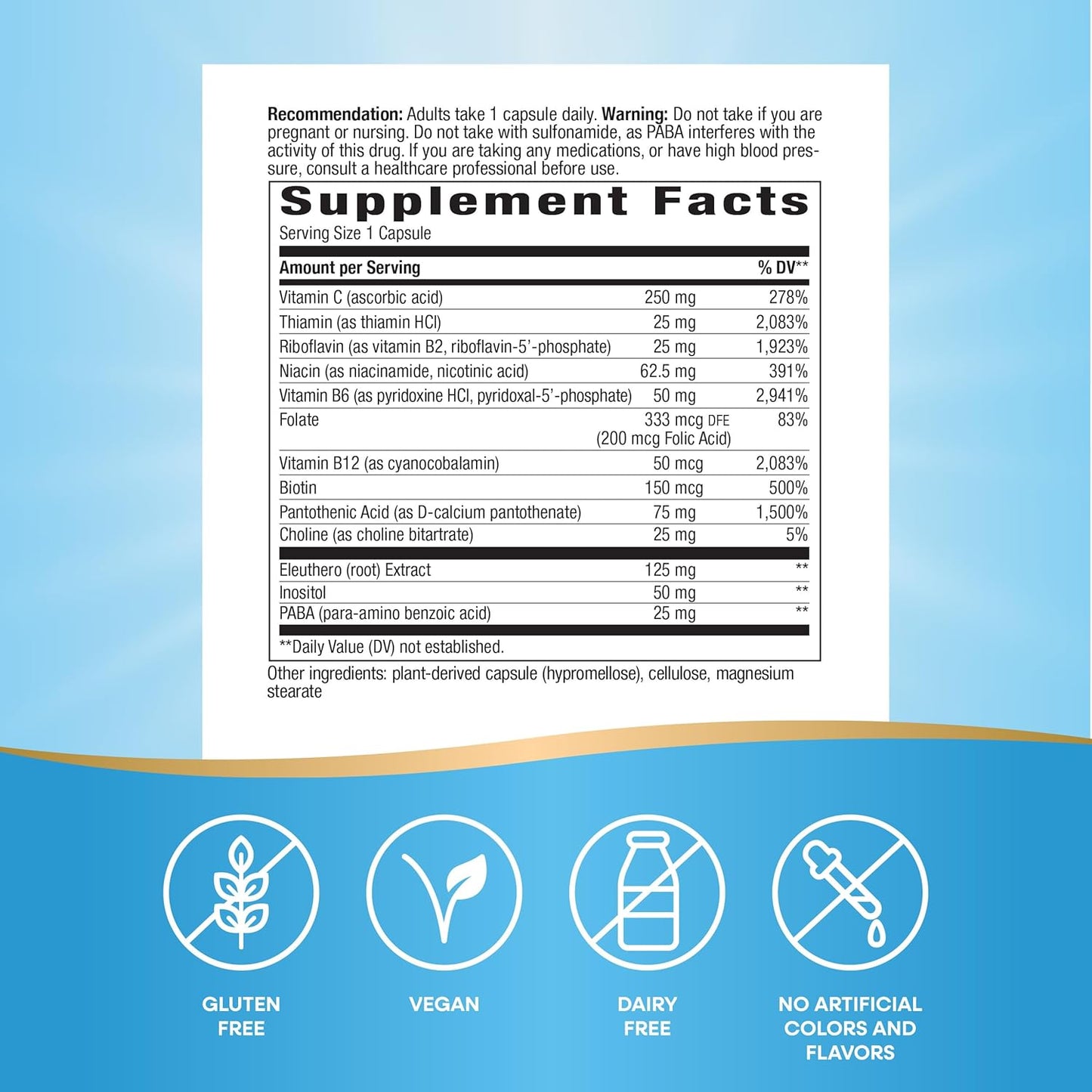 Vegan B-Stress Formula with Vitamins C, B12, B6 - Supports Cellular Energy & Nerve Function - Gluten Free - 100 Capsules