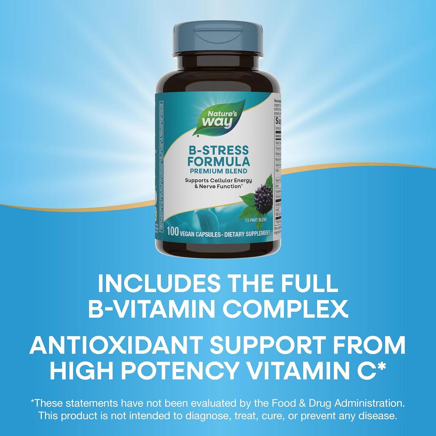 Vegan B-Stress Formula with Vitamins C, B12, B6 - Supports Cellular Energy & Nerve Function - Gluten Free - 100 Capsules