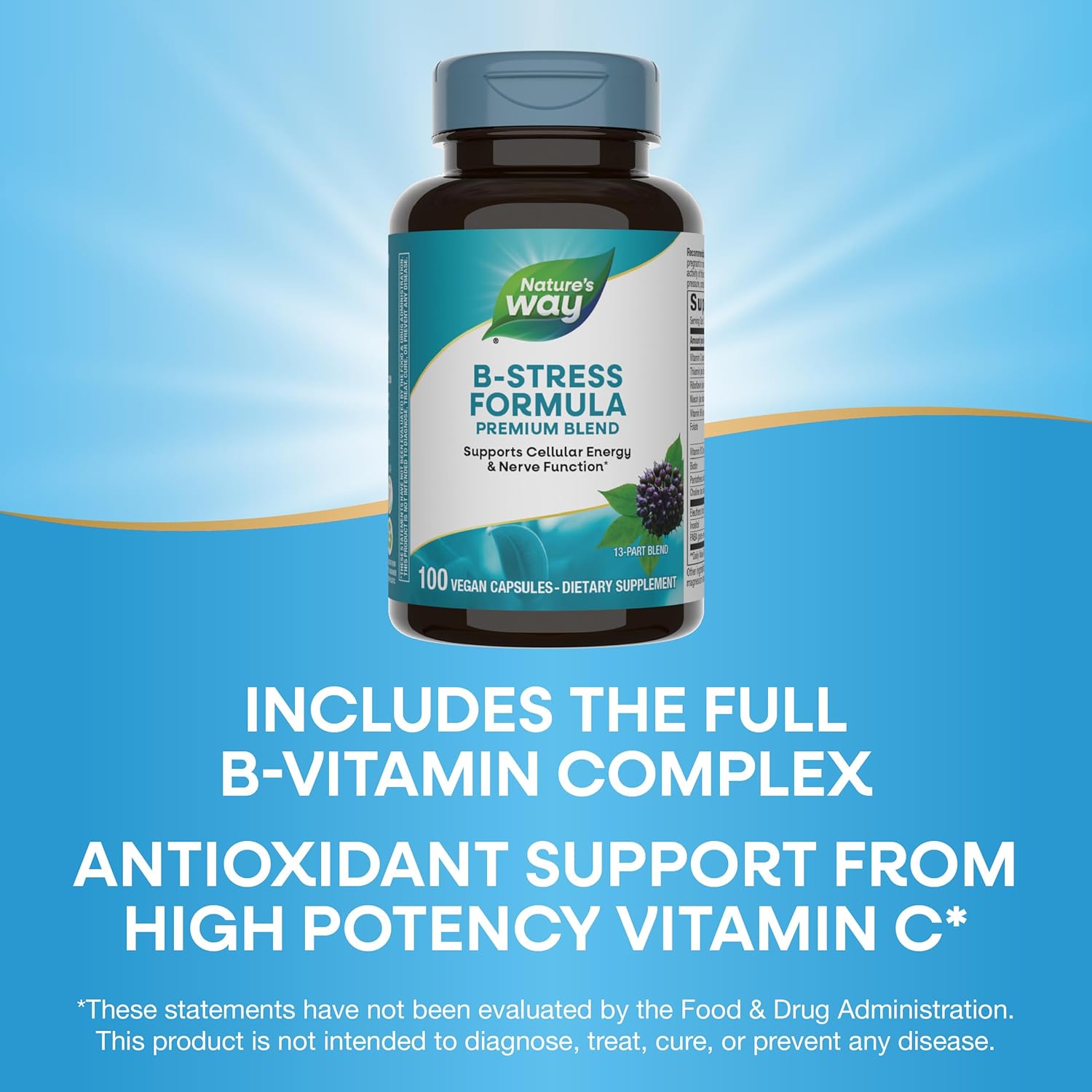 Vegan B-Stress Formula with Vitamins C, B12, B6 - Supports Cellular Energy & Nerve Function - Gluten Free - 100 Capsules
