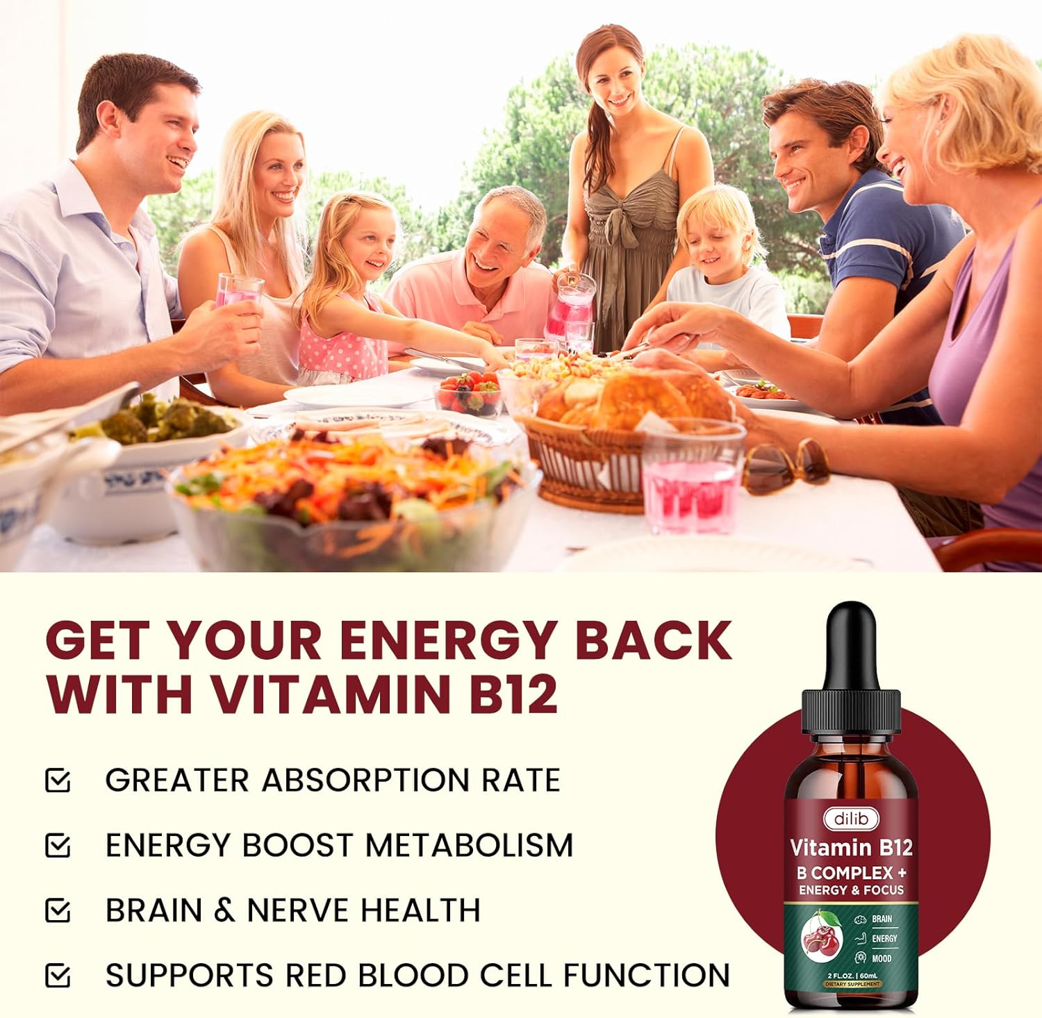 Vegan B12 Liquid Drops Sublingual Supplement with Methylcobalamin and B Vitamins for Energy and Metabolism, 2 fl. oz.