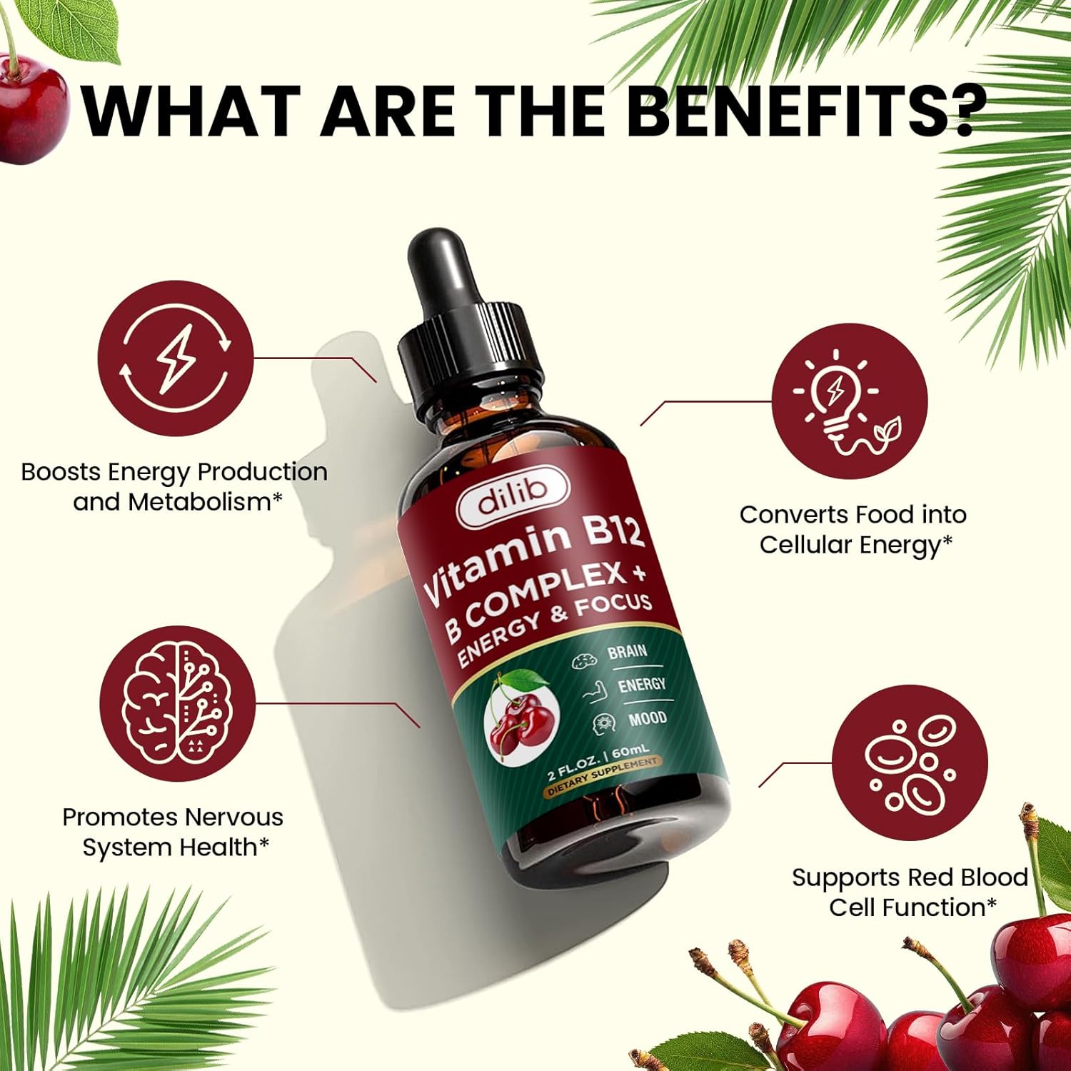 Vegan B12 Liquid Drops Sublingual Supplement with Methylcobalamin and B Vitamins for Energy and Metabolism, 2 fl. oz.