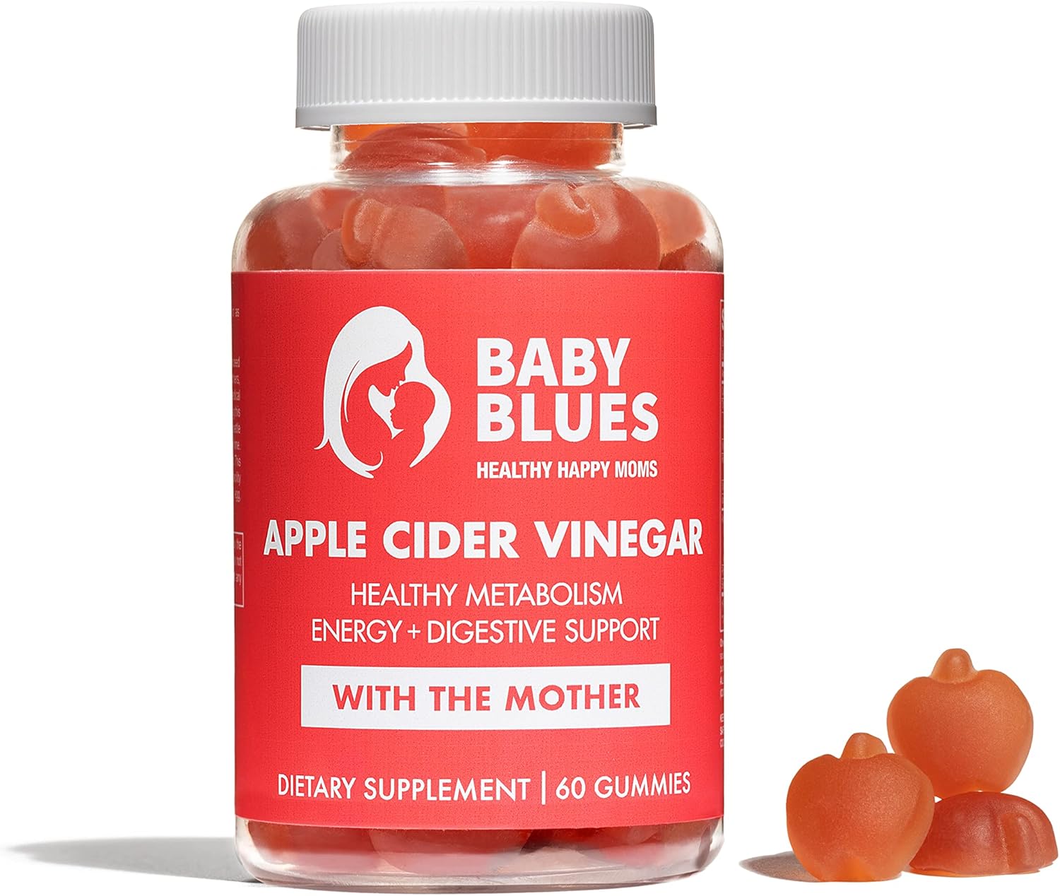 Vegan Baby Blues Apple Cider Vinegar Gummies with Vitamin B-6 & B12 - Non-GMO & Gluten-Free Postpartum Supplement, 60 Pieces