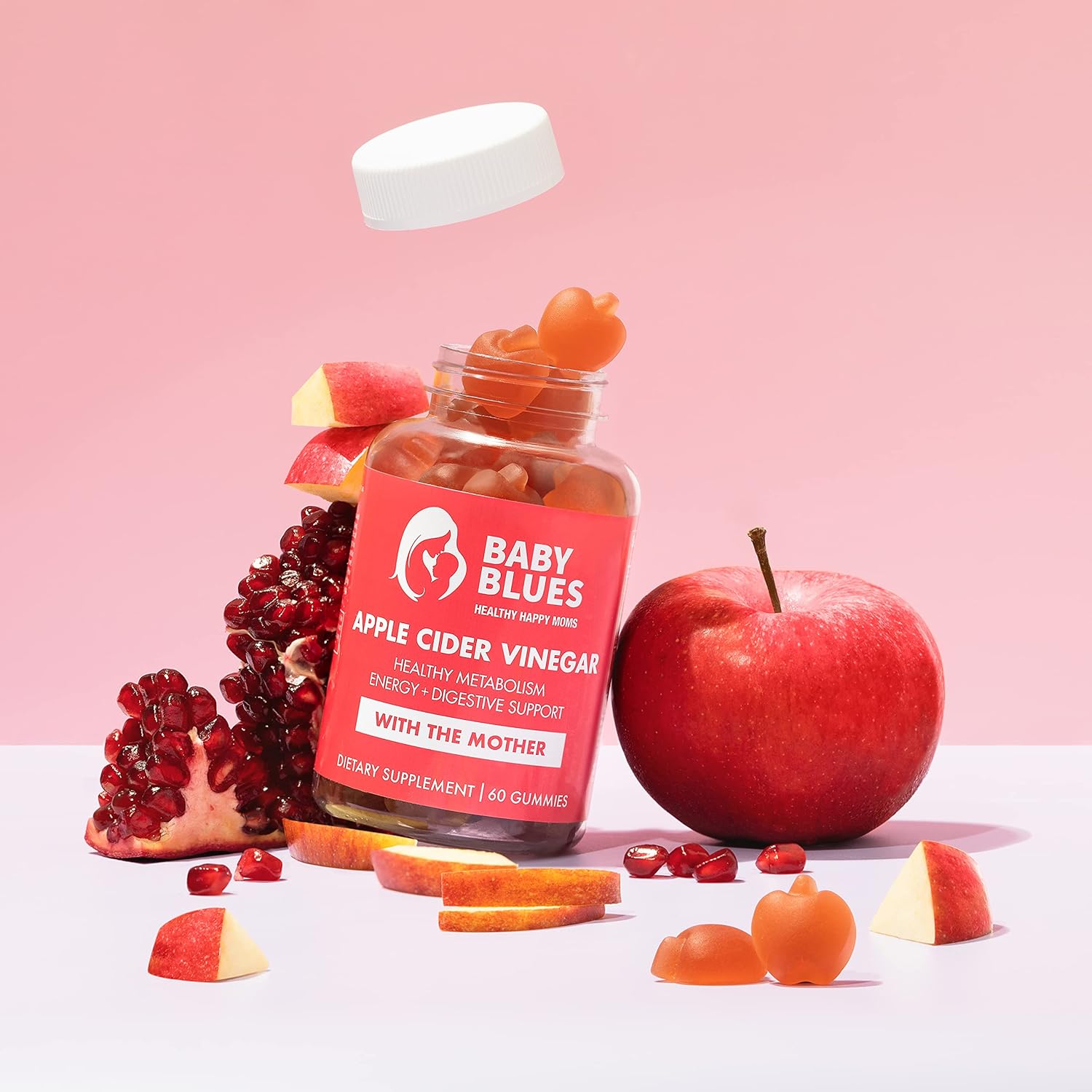Vegan Baby Blues Apple Cider Vinegar Gummies with Vitamin B-6 & B12 - Non-GMO & Gluten-Free Postpartum Supplement, 60 Pieces