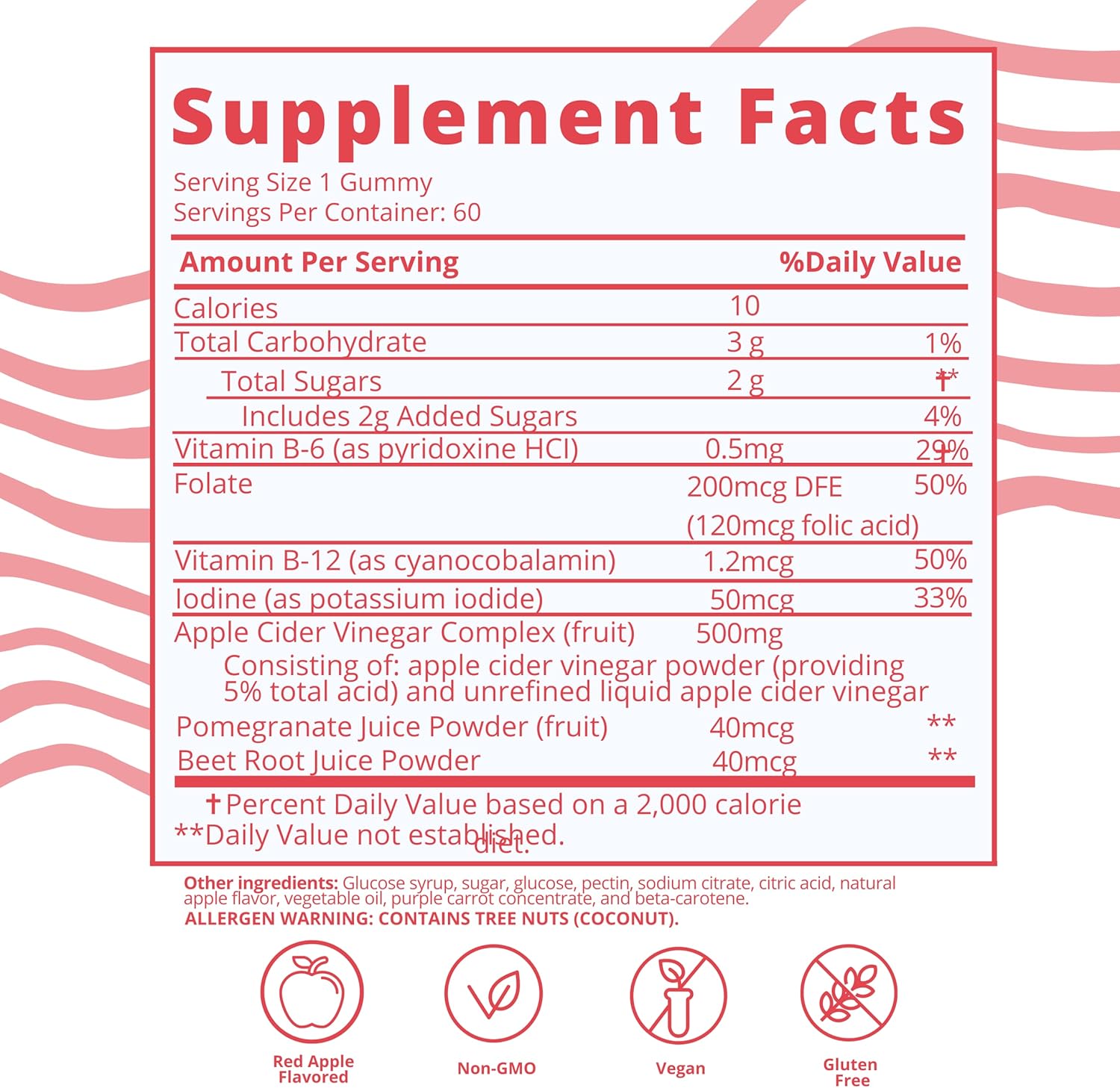 Vegan Baby Blues Apple Cider Vinegar Gummies with Vitamin B-6 & B12 - Non-GMO & Gluten-Free Postpartum Supplement, 60 Pieces