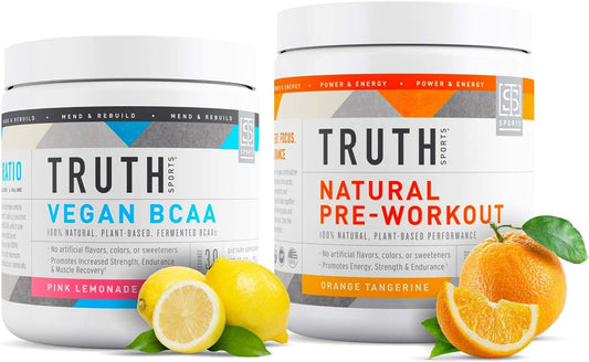 Vegan BCAA & Natural Preworkout Stack for Athletes - Pink Lemonade BCAA + Orange Tangerine Preworkout by Truth Nutrition
