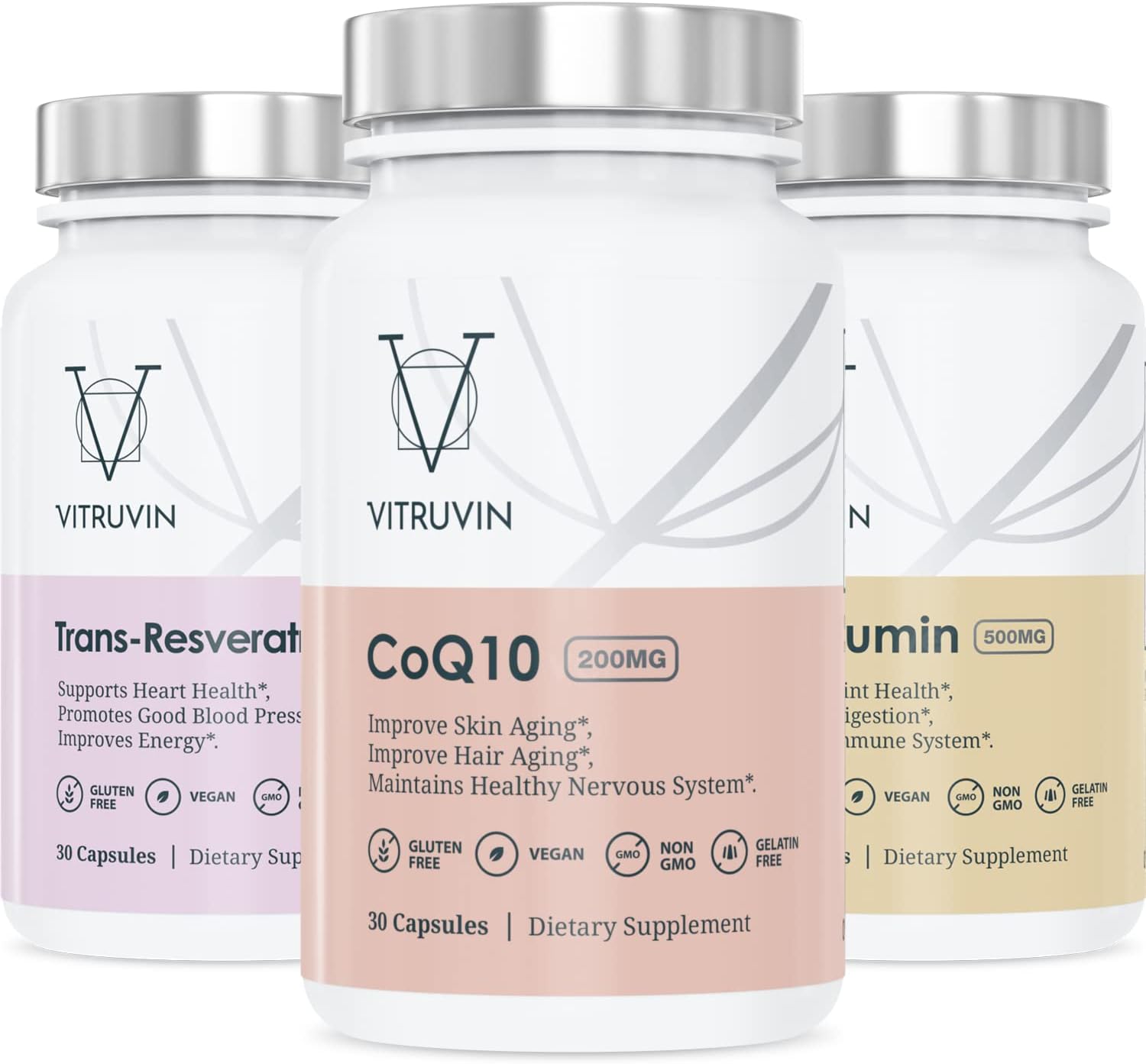 Vegan Beauty + Comfort Pack with COQ10, Trans-Resveratrol, and Curcumin for Healthy Skin, Heart, Joints, and Brain - Non-GMO, Gluten-Free