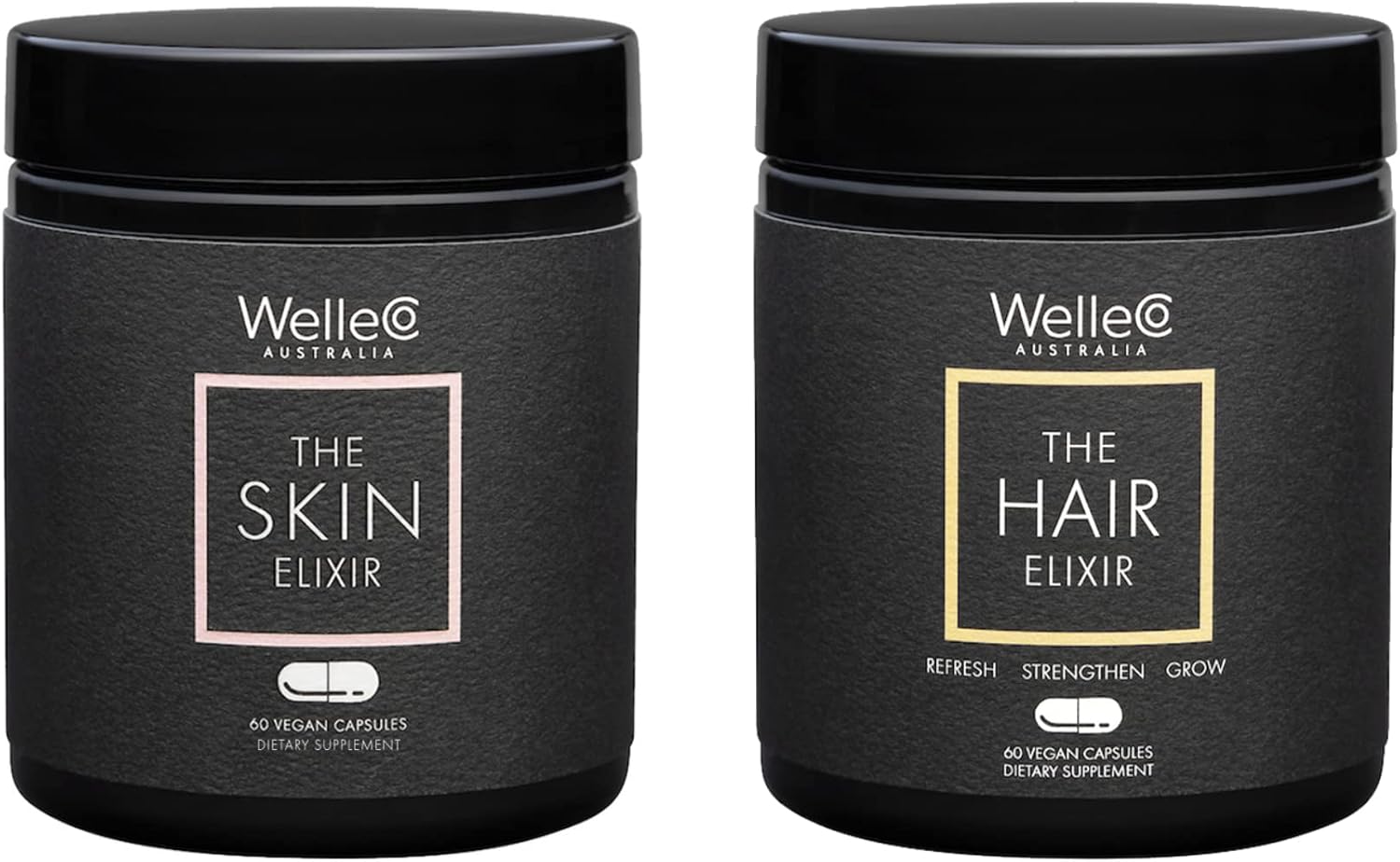 Vegan Beauty Supplements Bundle for Hair Growth and Healthy Skin, WelleCo Skin and Hair Elixir Capsules, 60 Count Each