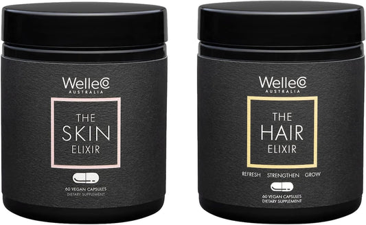 Vegan Beauty Supplements Bundle for Hair Growth and Healthy Skin, WelleCo Skin and Hair Elixir Capsules, 60 Count Each