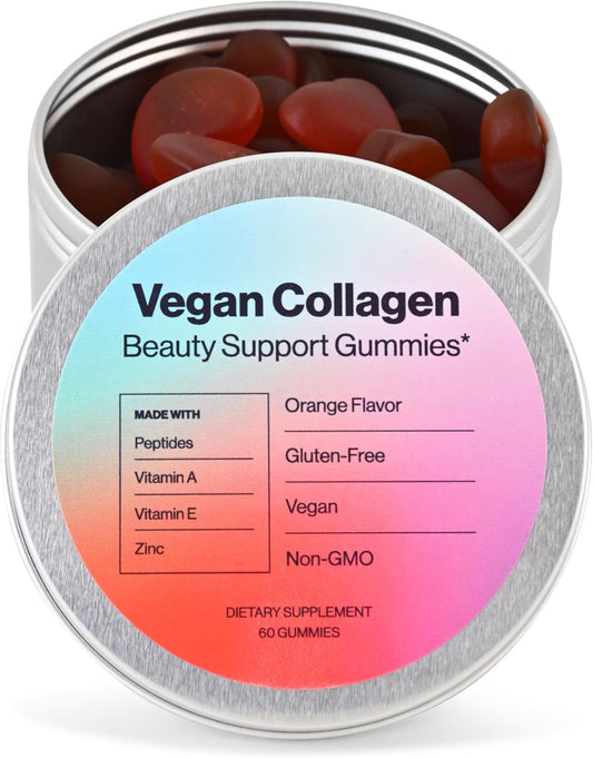 Vegan Beauty Support Gummies with Collagen Booster - 60 Gummies - Natural Ingredients - Plastic-Free Tin