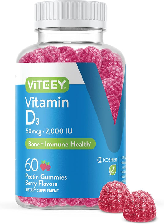 Vegan Berry Flavored Vitamin D3 Gummies for Adults & Teens - 2,000 IU, 50mcg - Muscle & Immune Support - Vegetarian Chewable Gummy