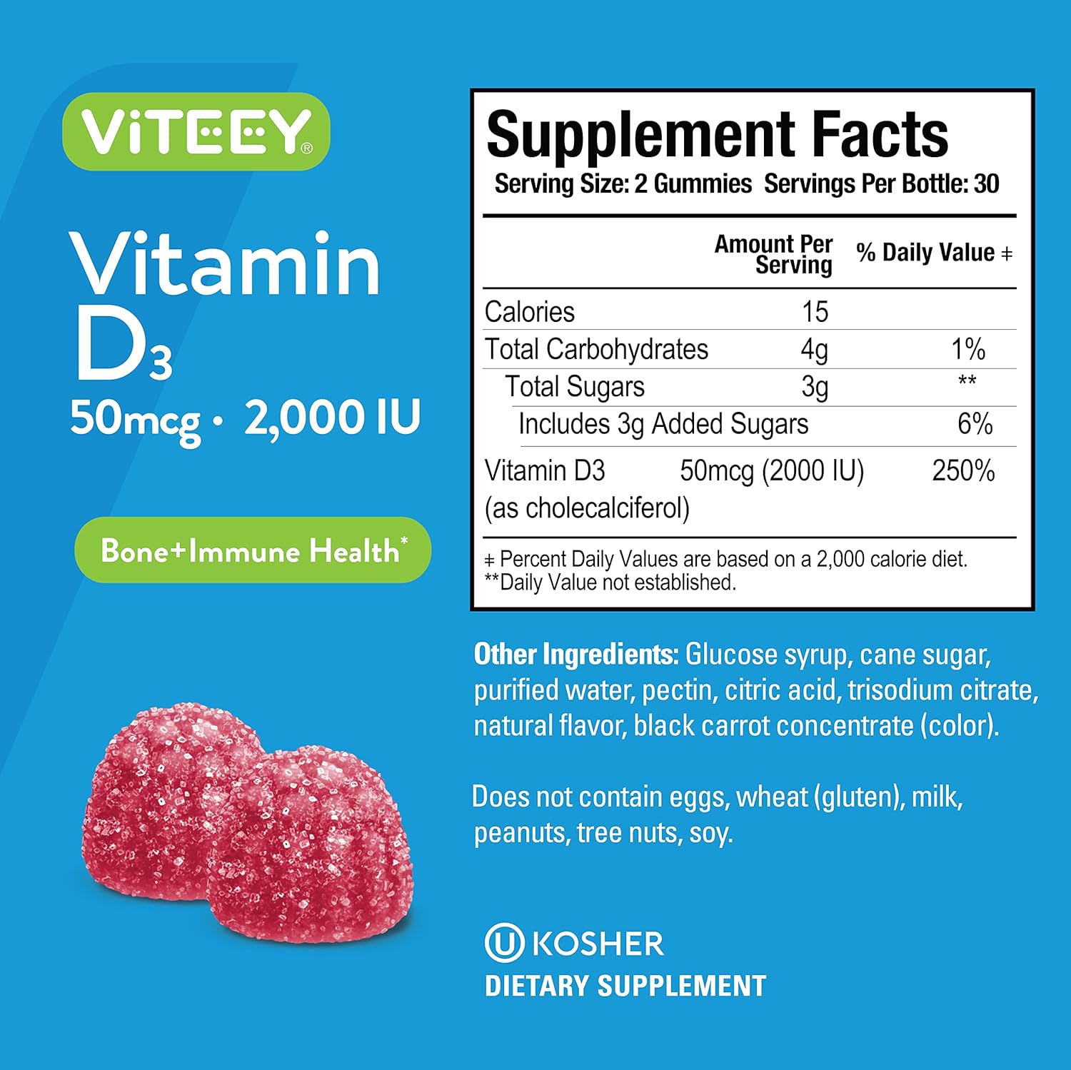 Vegan Berry Flavored Vitamin D3 Gummies for Adults & Teens - 2,000 IU, 50mcg - Muscle & Immune Support - Vegetarian Chewable Gummy