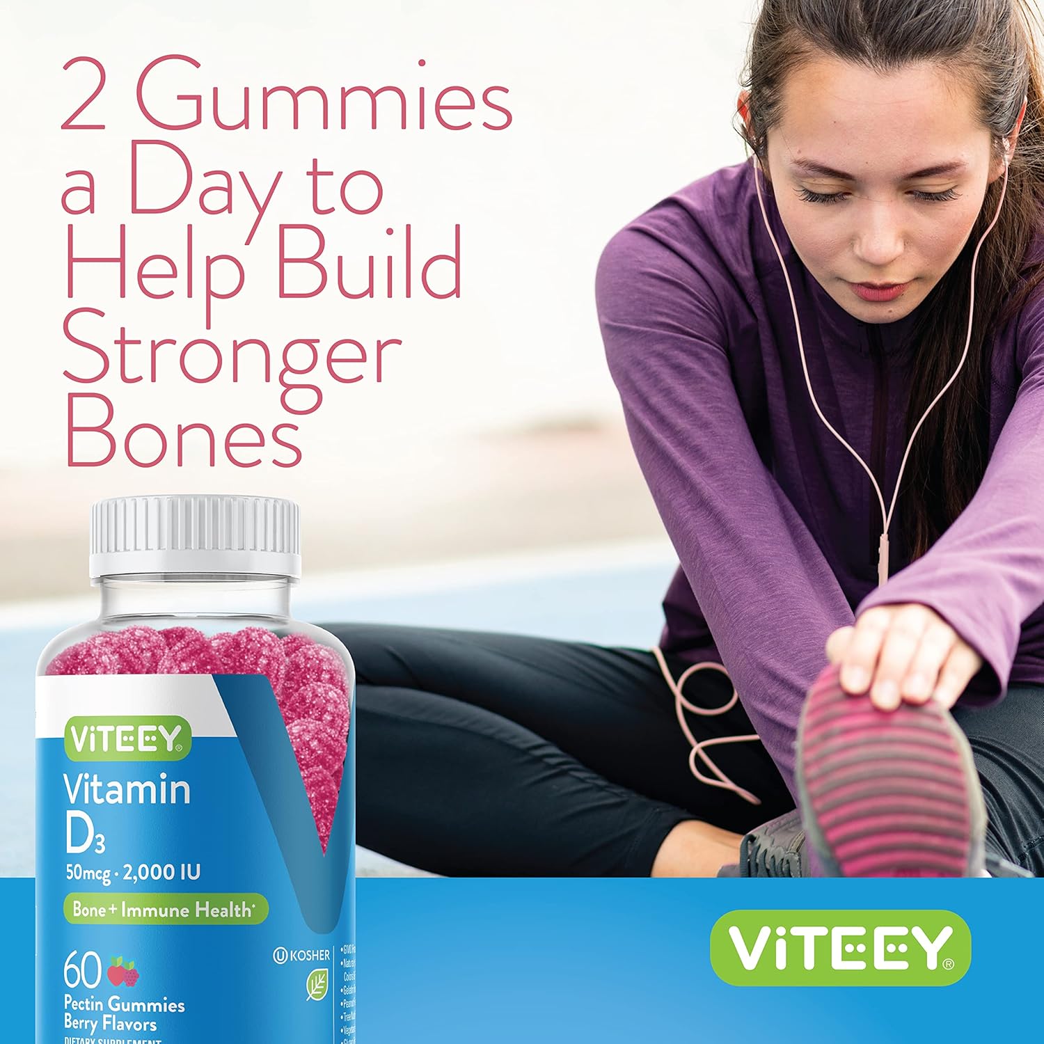 Vegan Berry Flavored Vitamin D3 Gummies for Adults & Teens - 2,000 IU, 50mcg - Muscle & Immune Support - Vegetarian Chewable Gummy