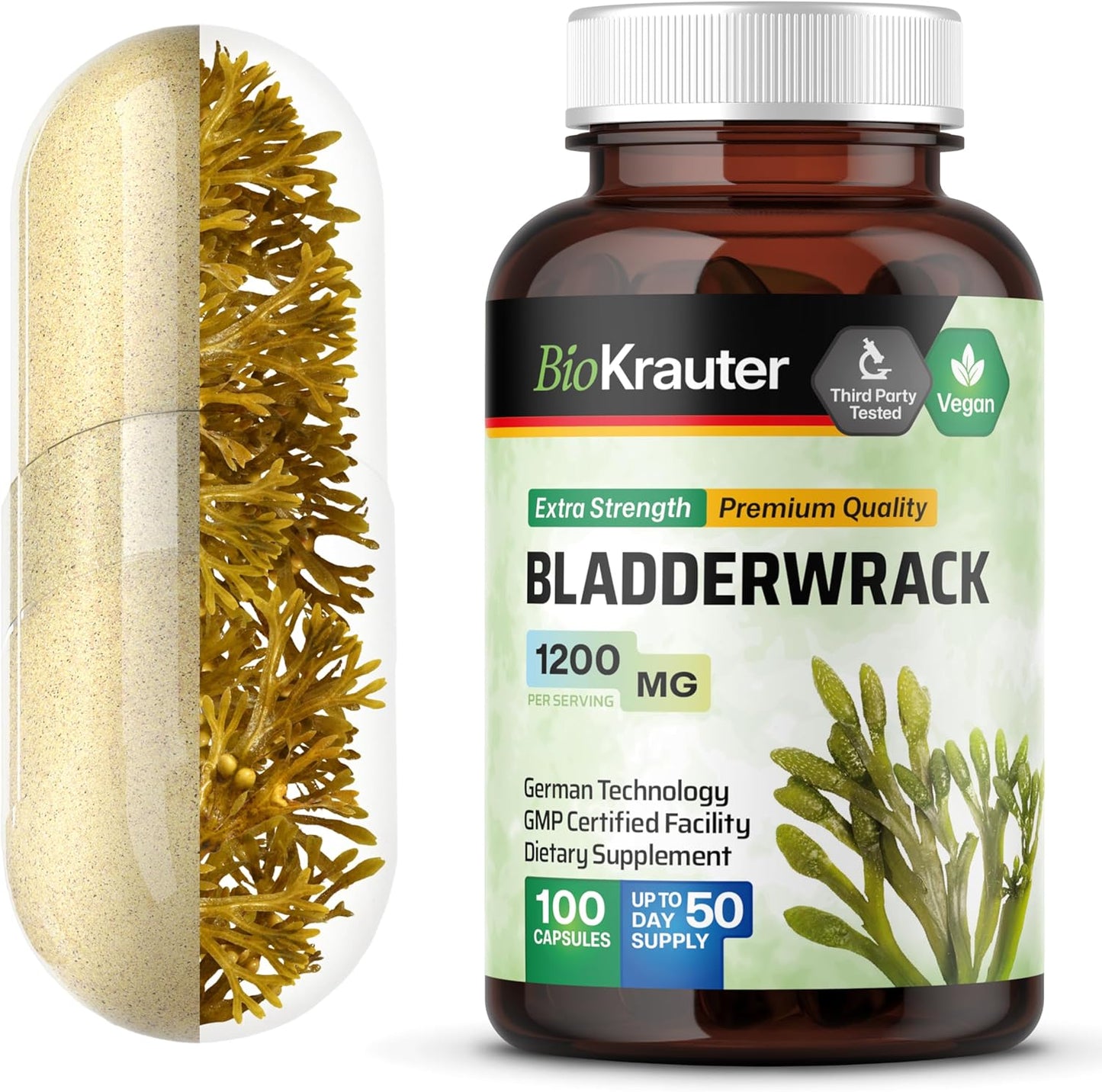 Vegan BIO KRAUTER Bladderwrack Capsules 1200mg - 100 Count - Natural Marine Source Iodine Supplement