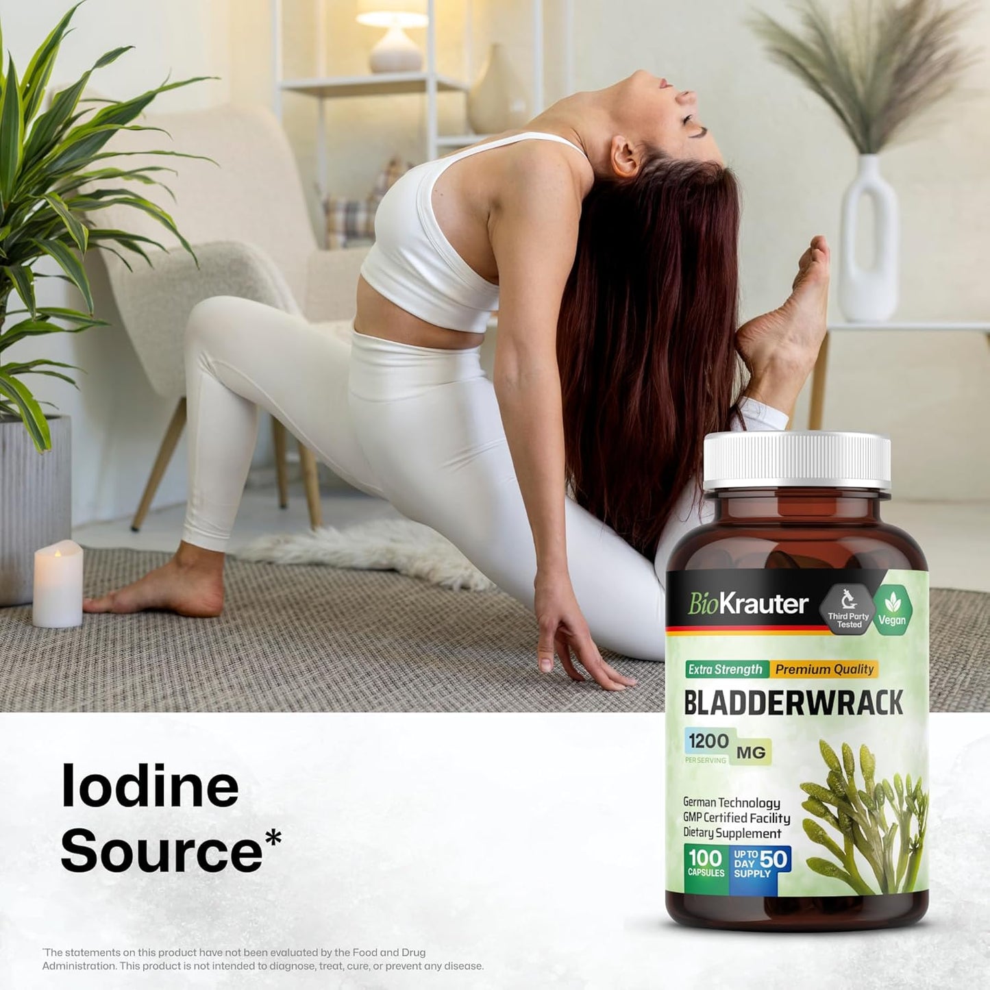 Vegan BIO KRAUTER Bladderwrack Capsules 1200mg - 100 Count - Natural Marine Source Iodine Supplement