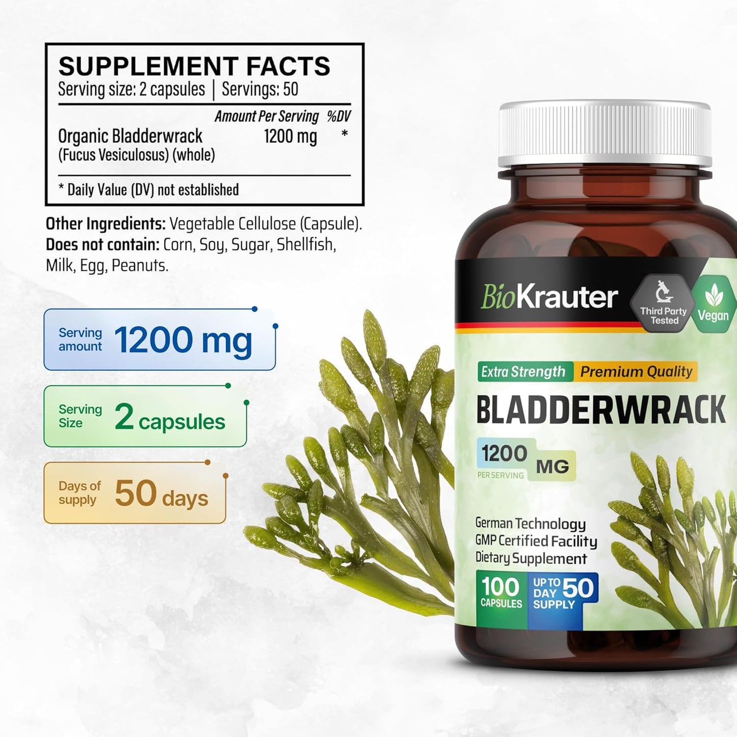 Vegan BIO KRAUTER Bladderwrack Capsules 1200mg - 100 Count - Natural Marine Source Iodine Supplement