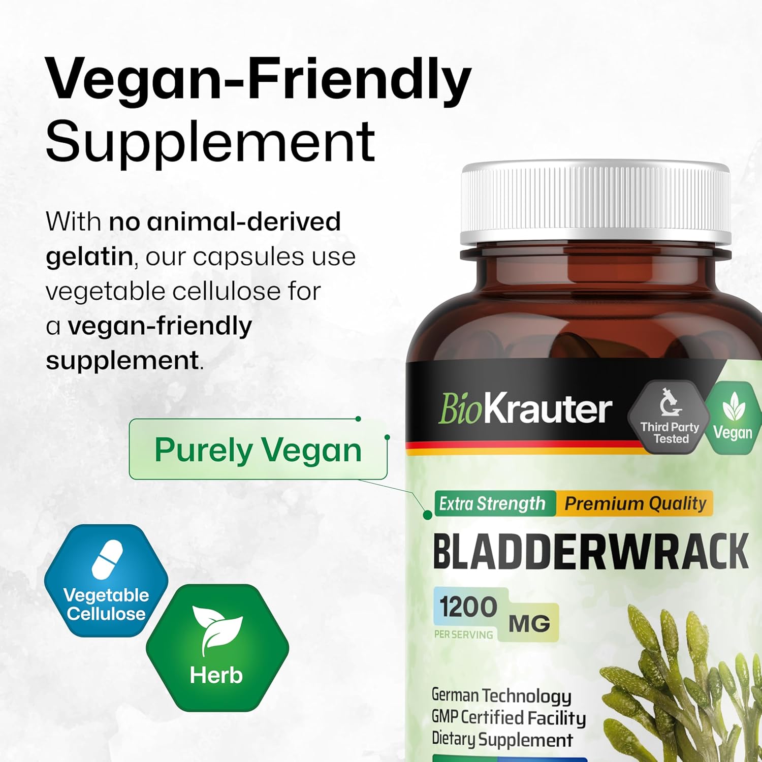 Vegan BIO KRAUTER Bladderwrack Capsules 1200mg - 100 Count - Natural Marine Source Iodine Supplement
