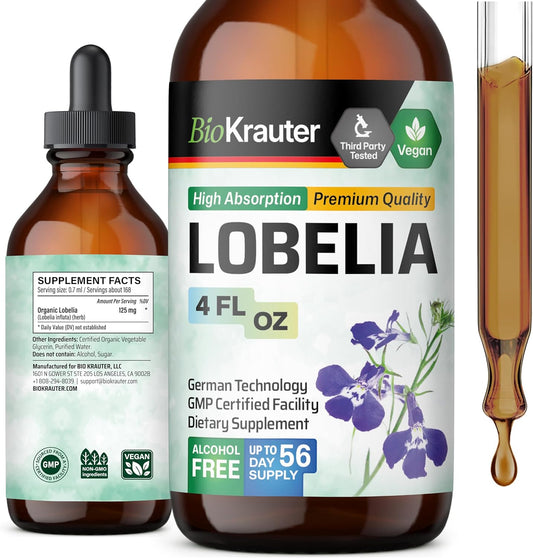 Vegan BIO KRAUTER Lobelia Tincture for Respiratory Support - Alcohol & Sugar Free Extract - 4 Fl.Oz. Bottle