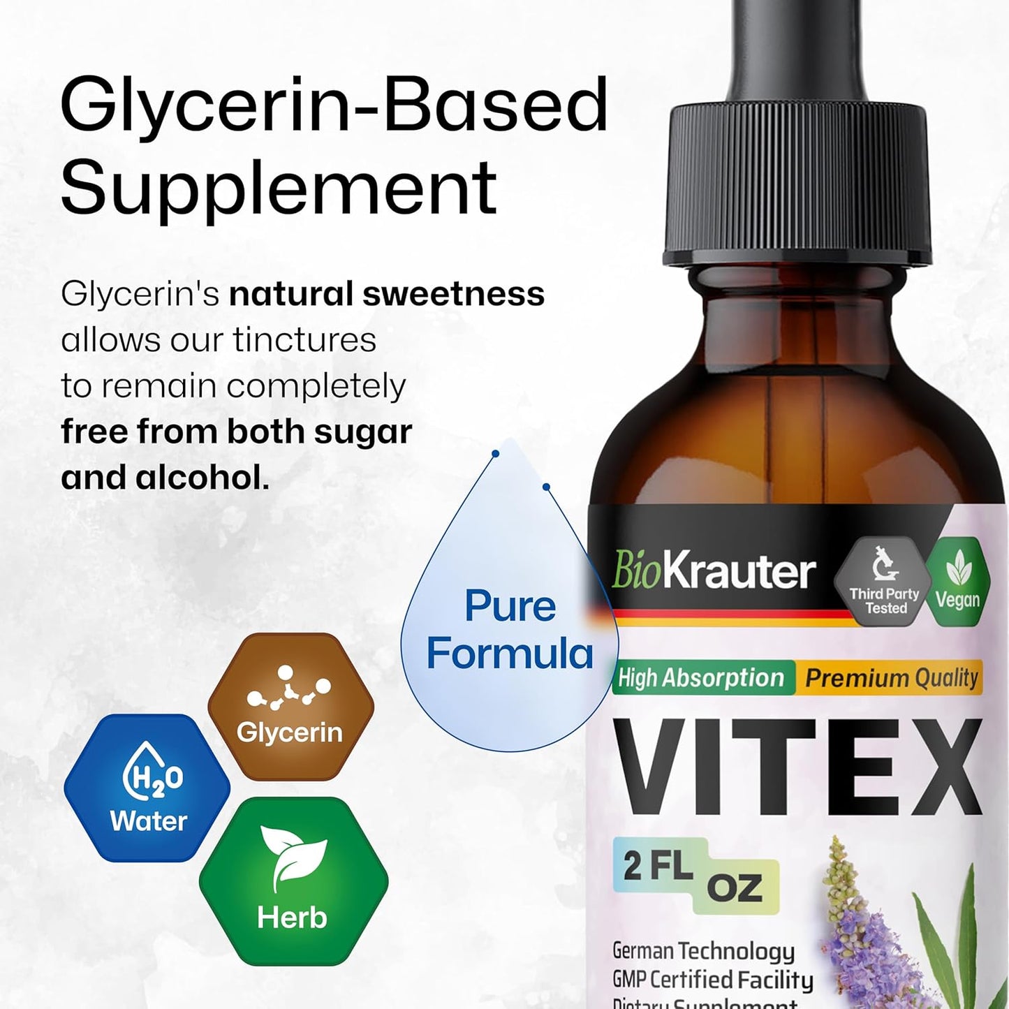 Vegan BIO KRAUTER Vitex Tincture 2 Fl.Oz - Fast Absorption Chasteberry Supplement for Women - Alcohol & Sugar Free Formula