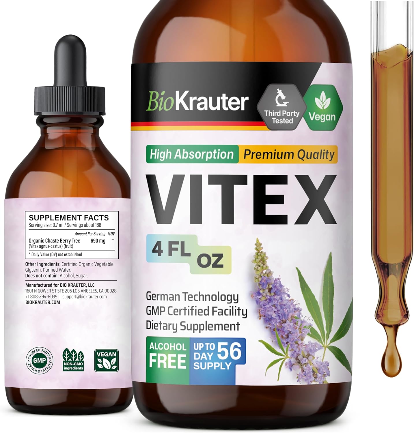 Vegan BIO KRAUTER Vitex Tincture: Chasteberry Extract Supplement for Women - Fast Absorption Formula - 4 Fl.Oz.