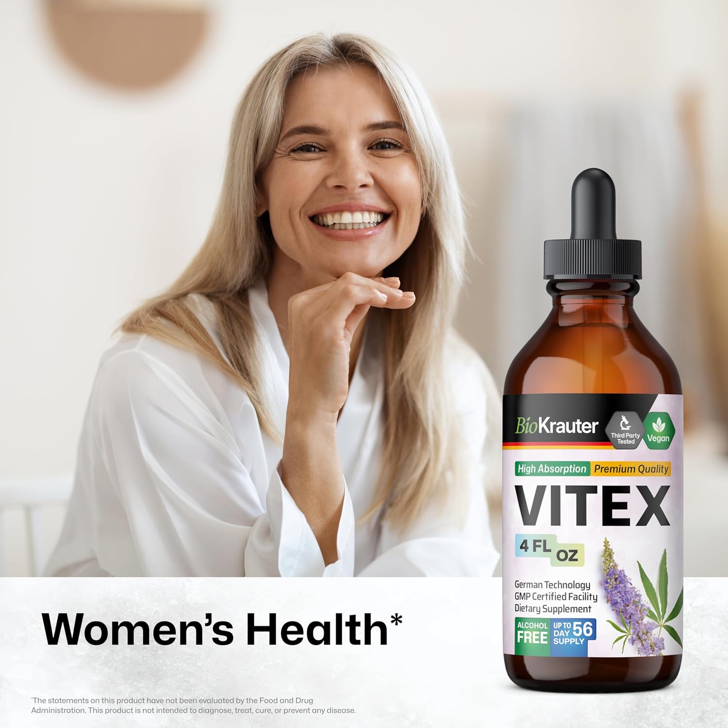 Vegan BIO KRAUTER Vitex Tincture: Chasteberry Extract Supplement for Women - Fast Absorption Formula - 4 Fl.Oz.