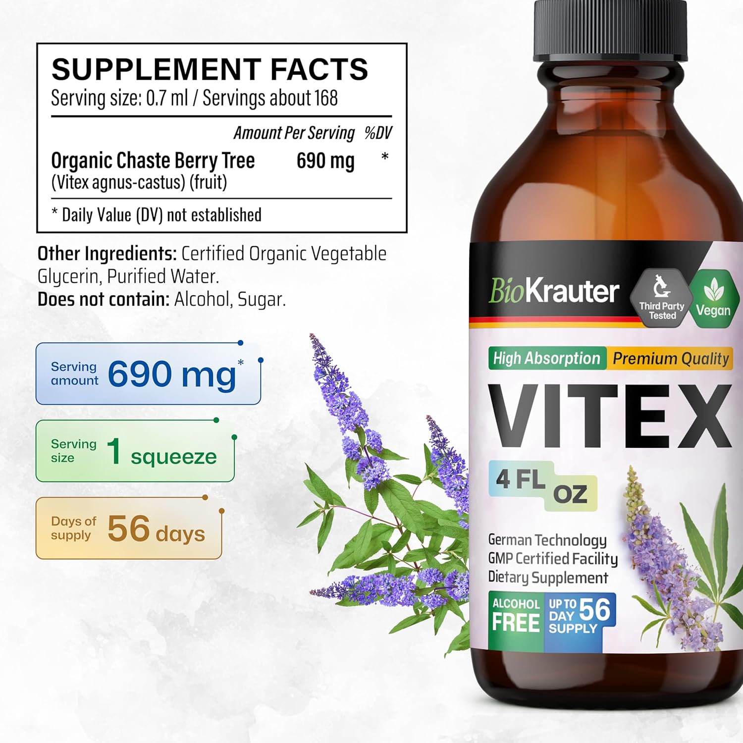 Vegan BIO KRAUTER Vitex Tincture: Chasteberry Extract Supplement for Women - Fast Absorption Formula - 4 Fl.Oz.