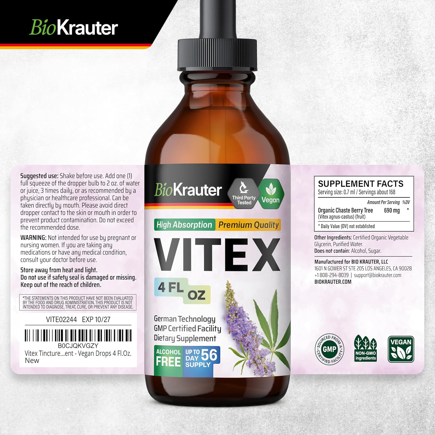 Vegan BIO KRAUTER Vitex Tincture: Chasteberry Extract Supplement for Women - Fast Absorption Formula - 4 Fl.Oz.