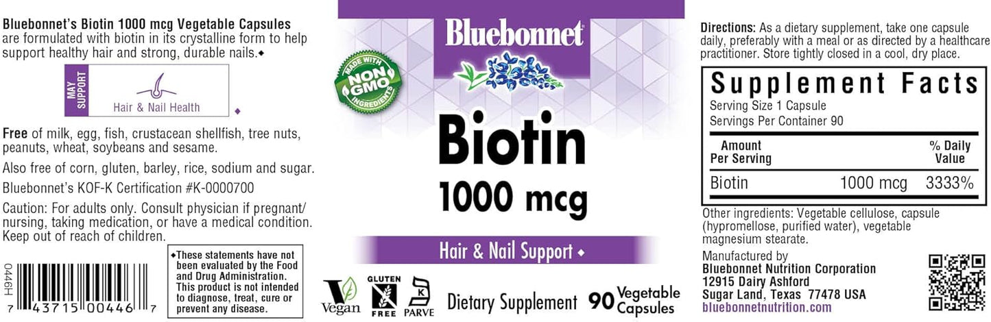 Vegan Biotin 1000 Mcg Capsules for Keratin Support - Non GMO, Gluten Free, Soy Free, 90 Count, Bluebonnet Nutrition