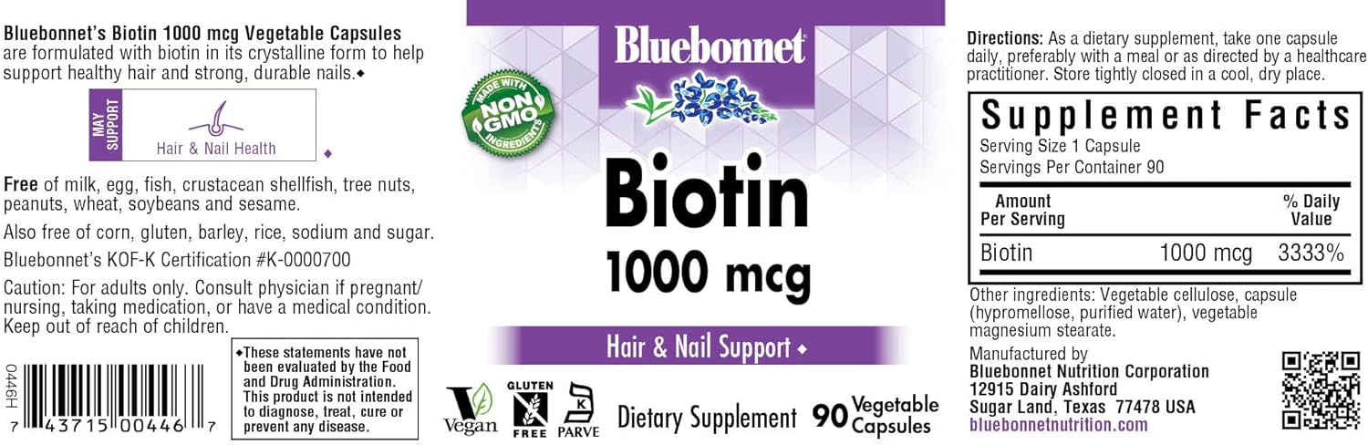 Vegan Biotin 1000 Mcg Capsules for Keratin Support - Non GMO, Gluten Free, Soy Free, 90 Count, Bluebonnet Nutrition