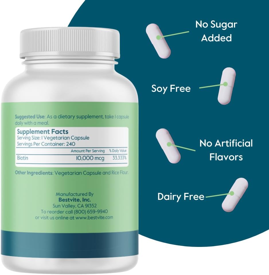 Vegan Biotin 10,000mcg Supplement (240 Capsules) - Non GMO, Gluten Free, No Artificial Ingredients