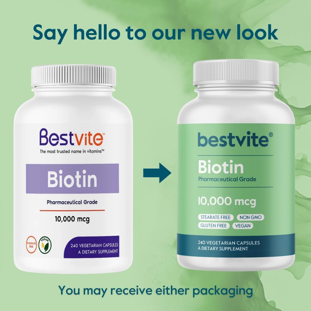 Vegan Biotin 10,000mcg Supplement (240 Capsules) - Non GMO, Gluten Free, No Artificial Ingredients