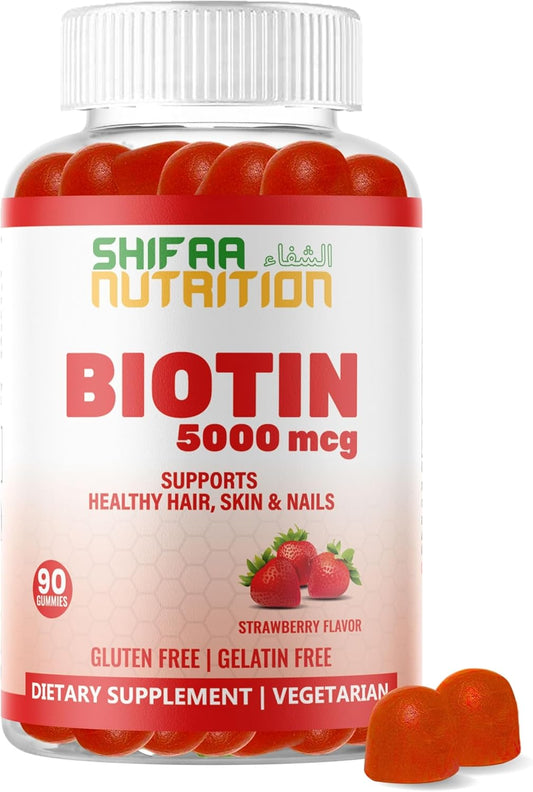Vegan Biotin Gummies 5000 mcg for Adults & Kids | 90 Gummies, 45 Servings | Non-GMO, Gluten-Free | Hair, Skin, Nails Vitamins