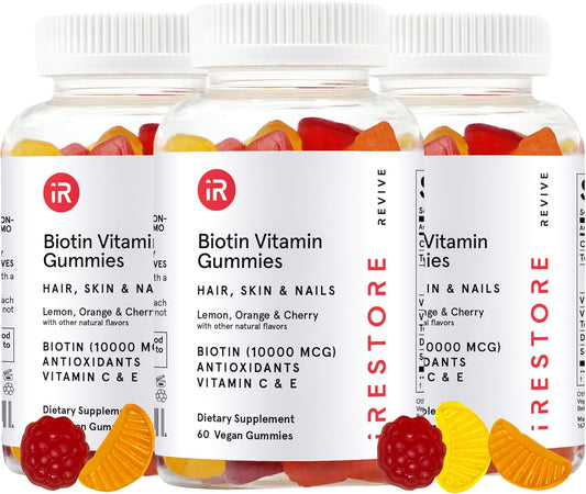 Vegan Biotin Gummies for Hair Growth - iRestore Hair Gummy Vitamins 10,000mcg (3PK) for Men & Women