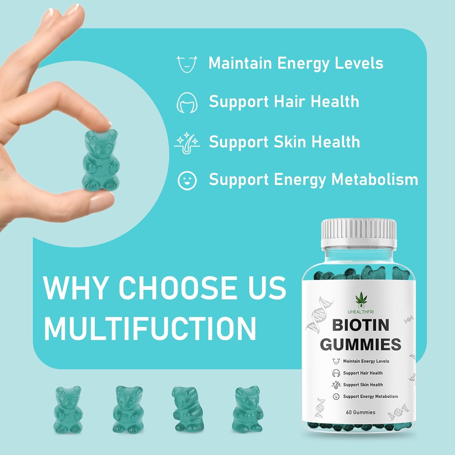 Vegan Biotin Gummies for Healthy Hair, Skin, and Nails - Women & Men's Biotin Vitamins - Uhealthfri Hair Support Gummies