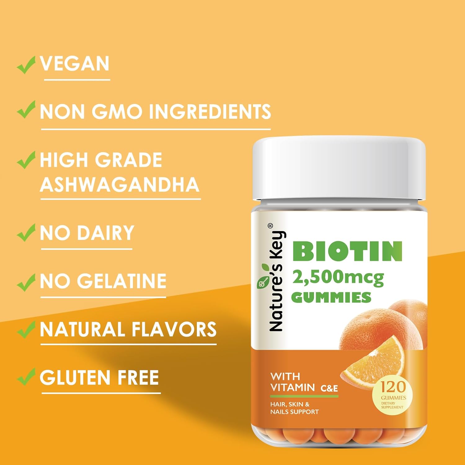Vegan Biotin Gummies with Vitamin C and E for Hair, Nails, and Skin - 120 Count, Orange Flavors for Women, Men, and Kids