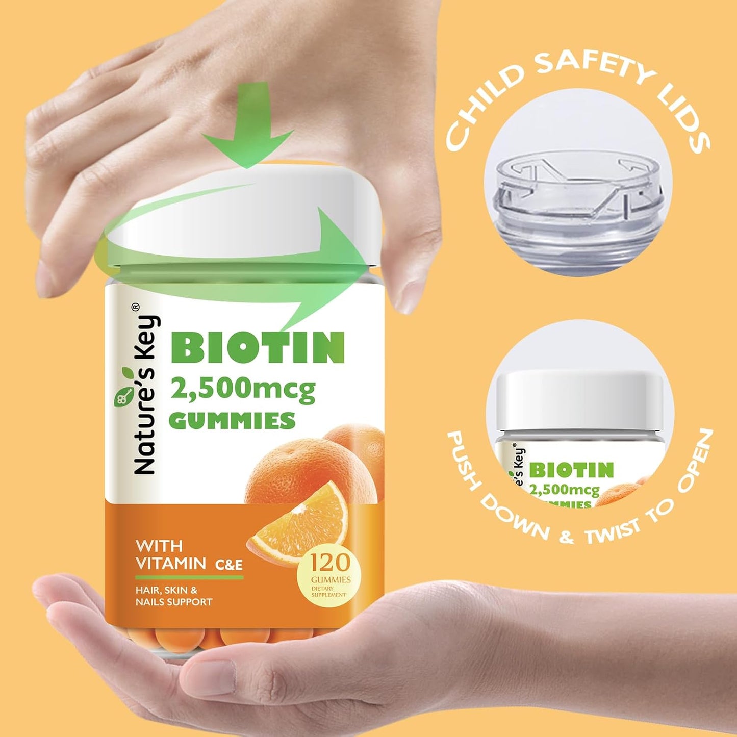 Vegan Biotin Gummies with Vitamin C and E for Hair, Nails, and Skin - 120 Count, Orange Flavors for Women, Men, and Kids